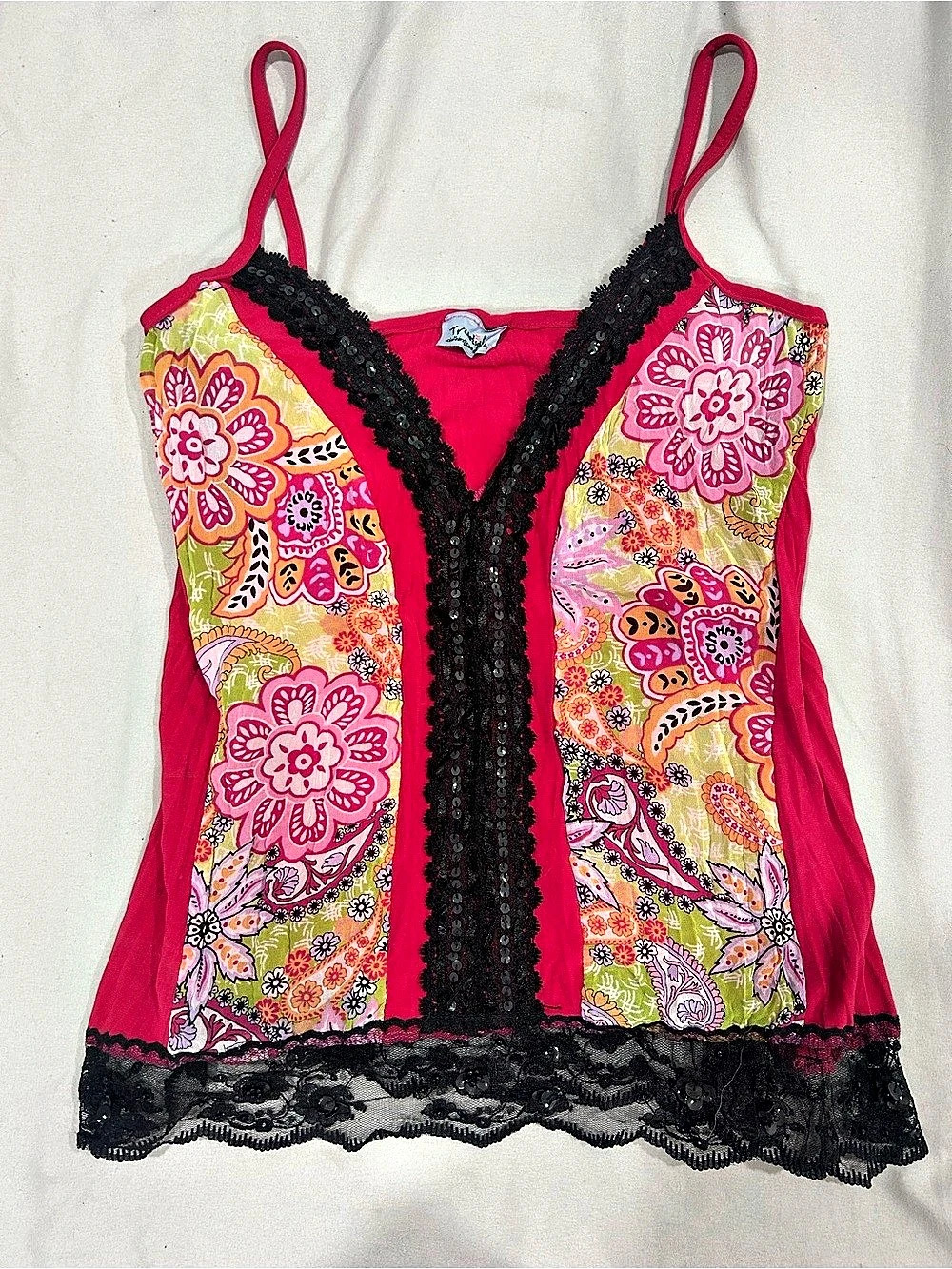 Paisley Lace Trim Cami in Pink & Black